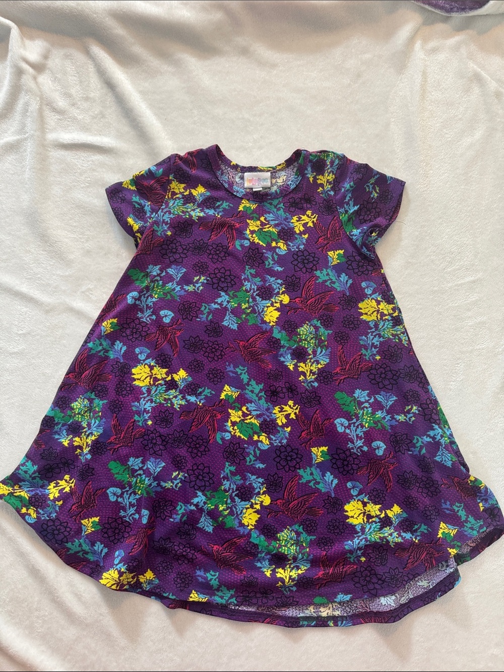 LuLaRoe dress for girls. Size 8. Vibrant purple with floral/bird design